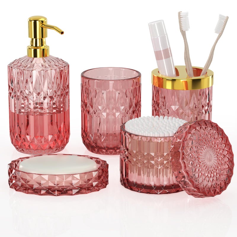 QIQU New Pink Bathroom Accessories Set  5 Pcs Clear Glass Bathroom Accessories Sets with Lotion Soap Dispenser  Soap Dish  Toothbrush Holder  Bathroom Tumbler  Cotton Swab Jars  Perfect for Bathroom Decor - Image 1
